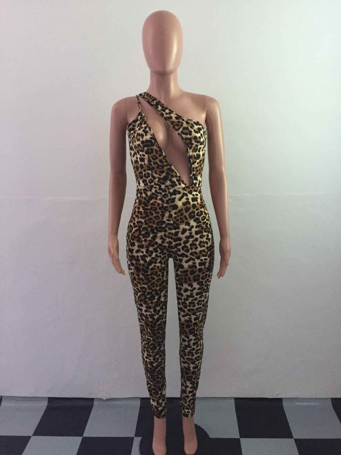 Sexy Deep V Leopard Print Asymmetrical Jumpsuit