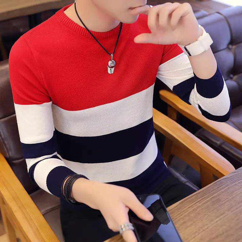 Men Slim Fit Round Neck Knit Pullover Sweater - urban Haloo
