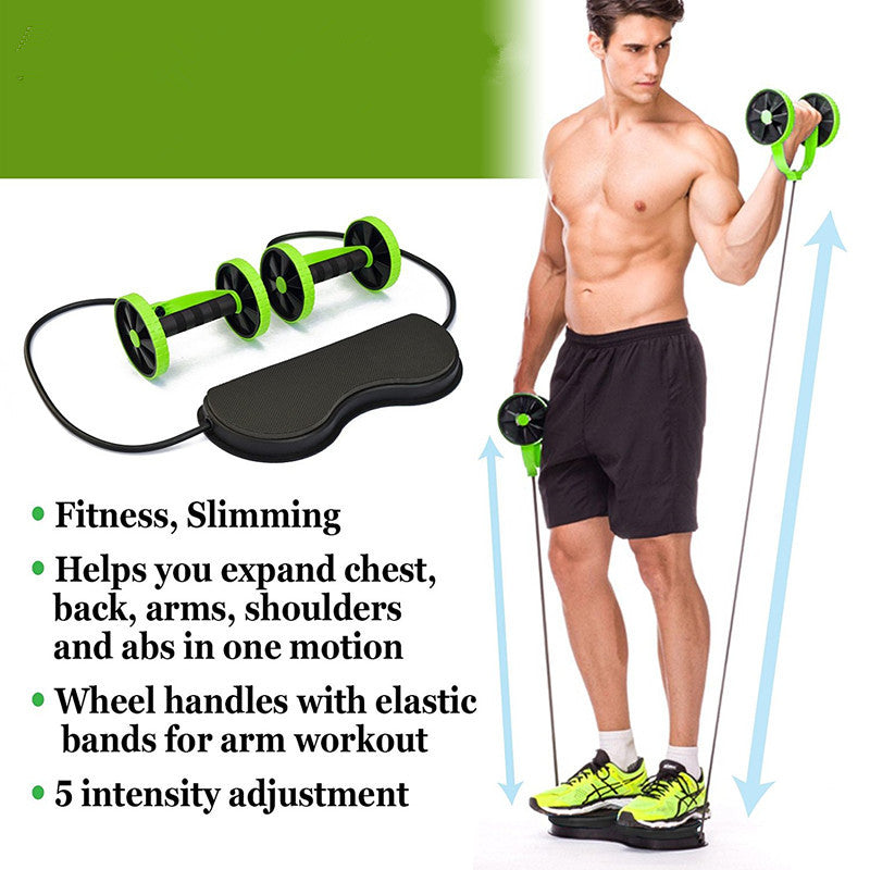 Muscle Wheel Fitness Roller, multi-function abdominal and core workout puller, with textured grip handles and sturdy construction.