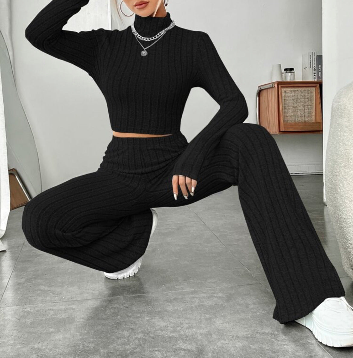 Turtleneck & Wide Leg Trousers Suit - Two Piece Set | Urban Haloo Urban Haloo