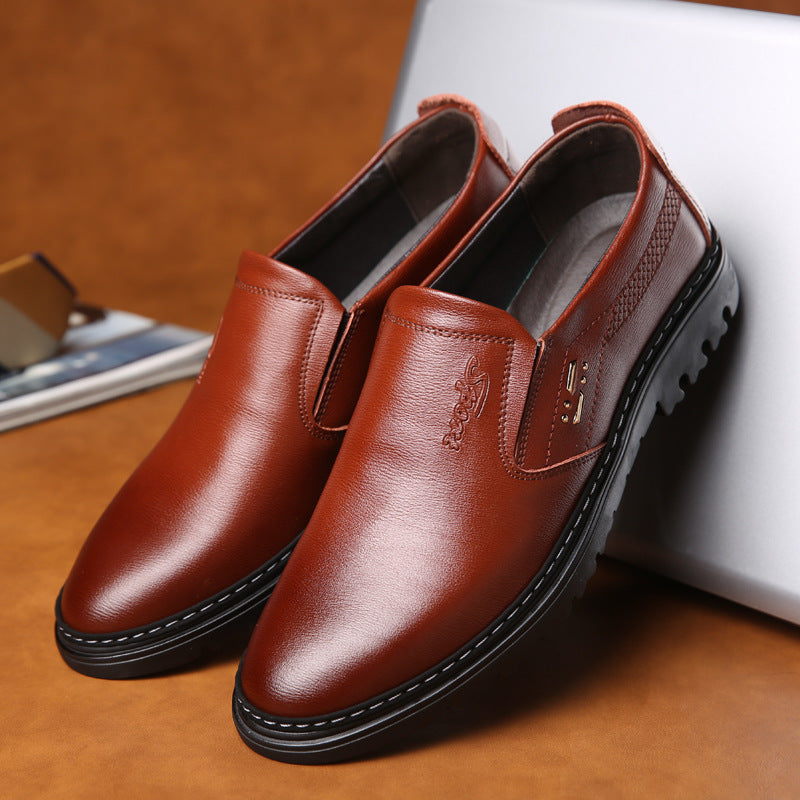 Brown leather round toe formal casual business shoes with sleek design and comfortable fit.