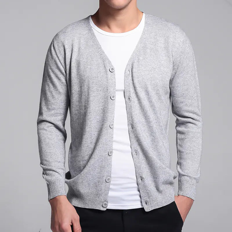 Men V Neck Solid Color Knit Cardigan Sweater - urban Haloo