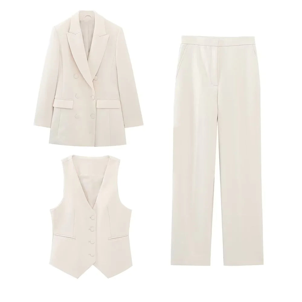 Three packs of double-breasted blazers in various colors, showcasing elegant styling and tailored fit for women's clothing.