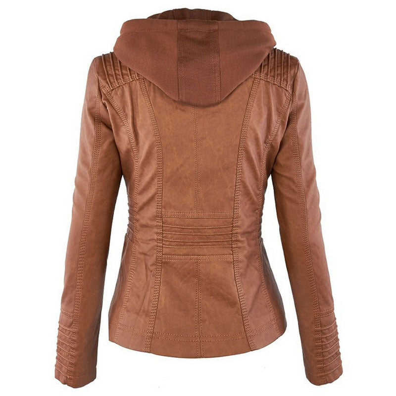Fashion Detachable Hooded Jacket With Pockets Casual Solid Leather - urban Haloo