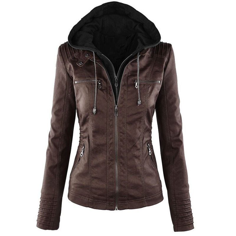 Fashion Detachable Hooded Jacket With Pockets Casual Solid Leather - urban Haloo