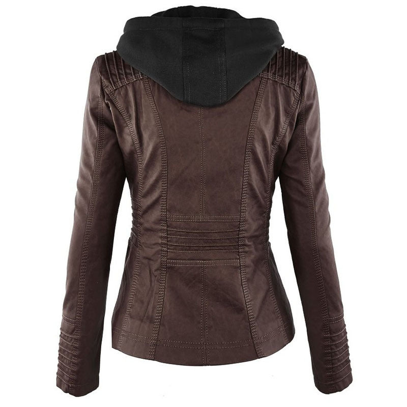 Fashion Detachable Hooded Jacket With Pockets Casual Solid Leather - urban Haloo