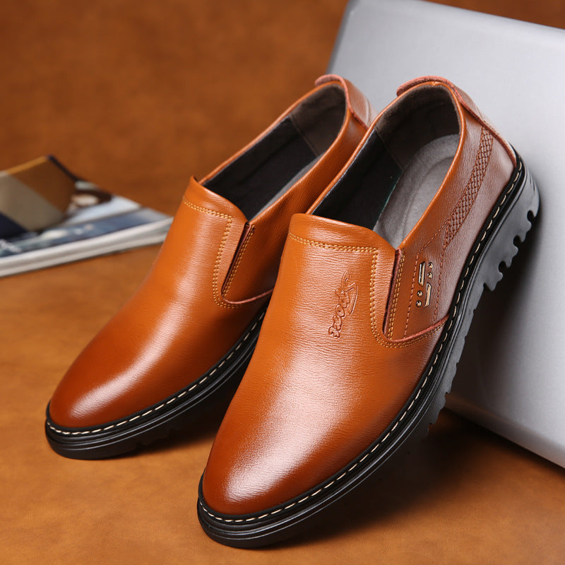 Brown leather round toe formal casual business shoes by Toe, featuring a sleek design and comfortable fit.