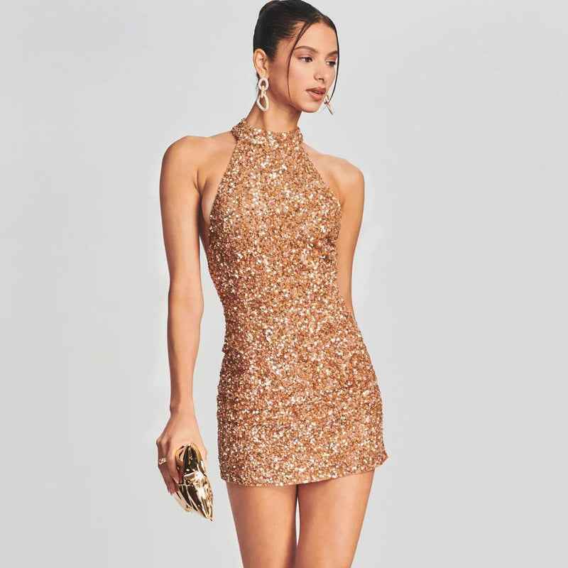 Backless Halter Sequined Mini Skirt Party Dress