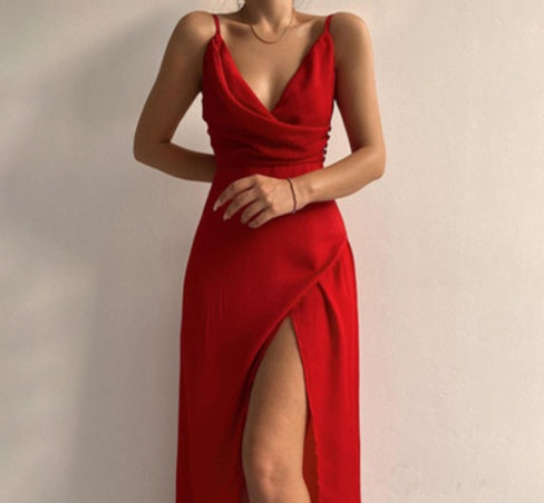 V-neck Slit Sling Dress Summer Fashion Sexy Slim Suspender Dresses For Women Clothing - urban Haloo