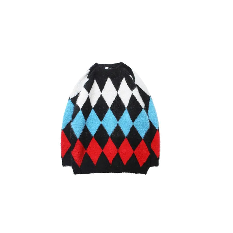 Loose Fit Student Sweater with Diamond Pattern Design - urban Haloo