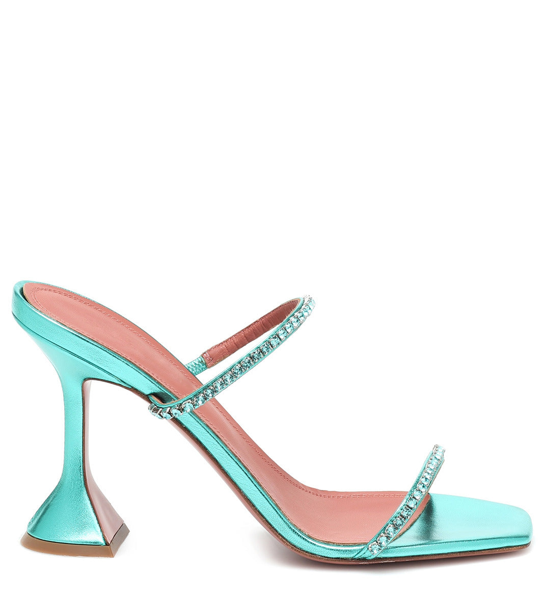 Leopard print rhinestone stiletto party sandals featuring a sleek design and elegant heel.