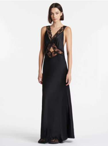 Urbanhaloo Luxe Lace Splice Maxi Dress featuring intricate lace details and flowing fabric, shown on a model.