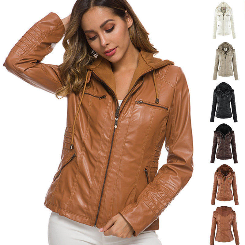 Fashion Detachable Hooded Jacket With Pockets Casual Solid Leather - urban Haloo