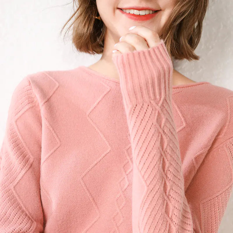 Diamond Knit Sweater with Round Neck and Loose Fit - urban Haloo