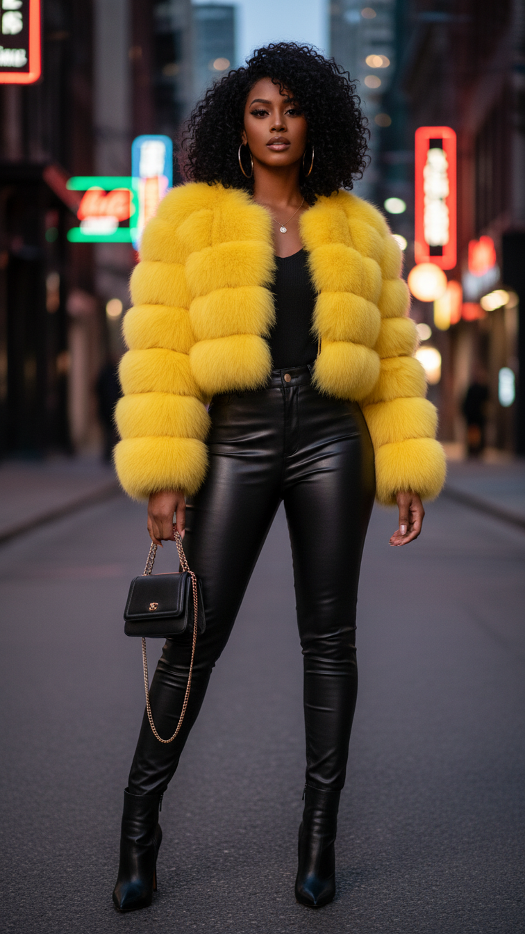 Faux fur women's short jacket with lapel collar and long sleeves, stylish and cozy outerwear for cold weather.