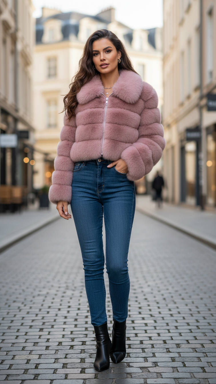 Faux fur women's short jacket with lapel collar and long sleeves, stylish and warm outerwear for cold weather.