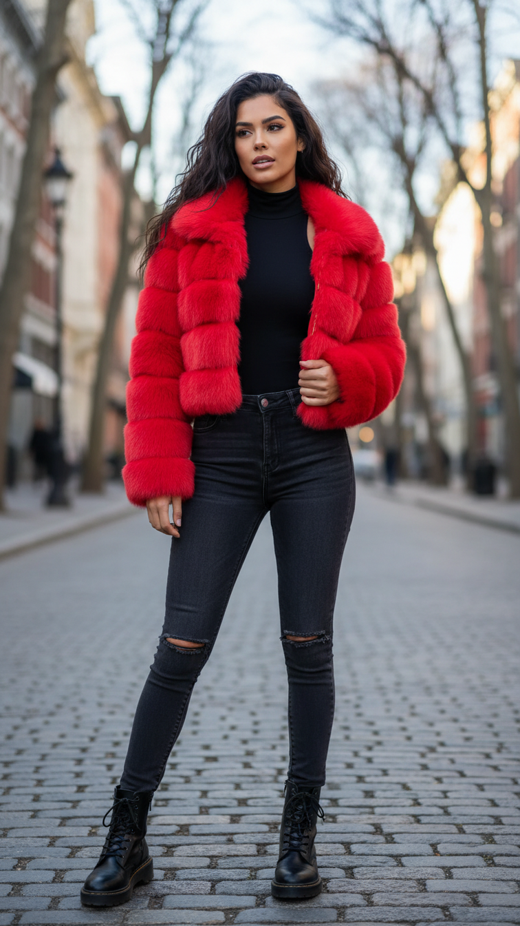 Faux fur short women's jacket with lapel collar and long sleeves, stylish and cozy outerwear for cold weather.