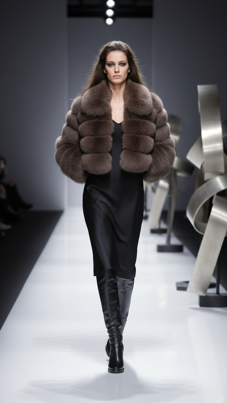 Faux fur women's short jacket with lapel collar and long sleeves, stylish and warm clothing for cold weather.