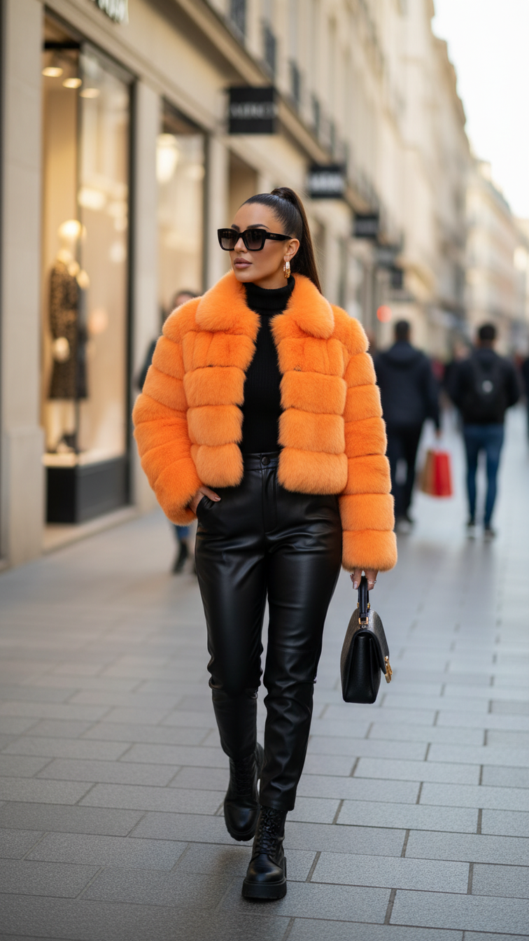 Faux fur women's short jacket with lapel and long sleeves, stylish clothing for cold weather.