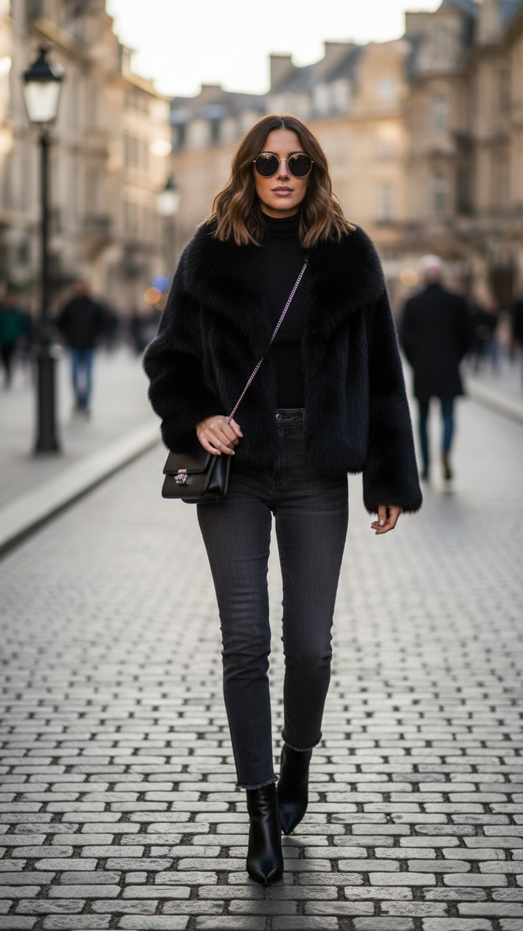 Faux fur women's short jacket with lapel and long sleeves, stylish clothing for winter or cold weather.