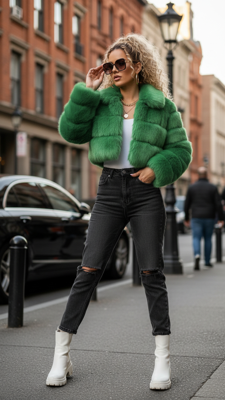 Faux fur women's short jacket with lapel and long sleeves, stylish and warm outerwear for cold weather.