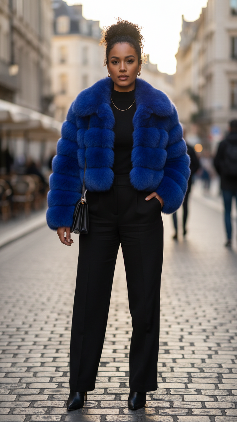 Faux fur women's short jacket with lapel collar and long sleeves, stylish and warm outerwear for cold weather.