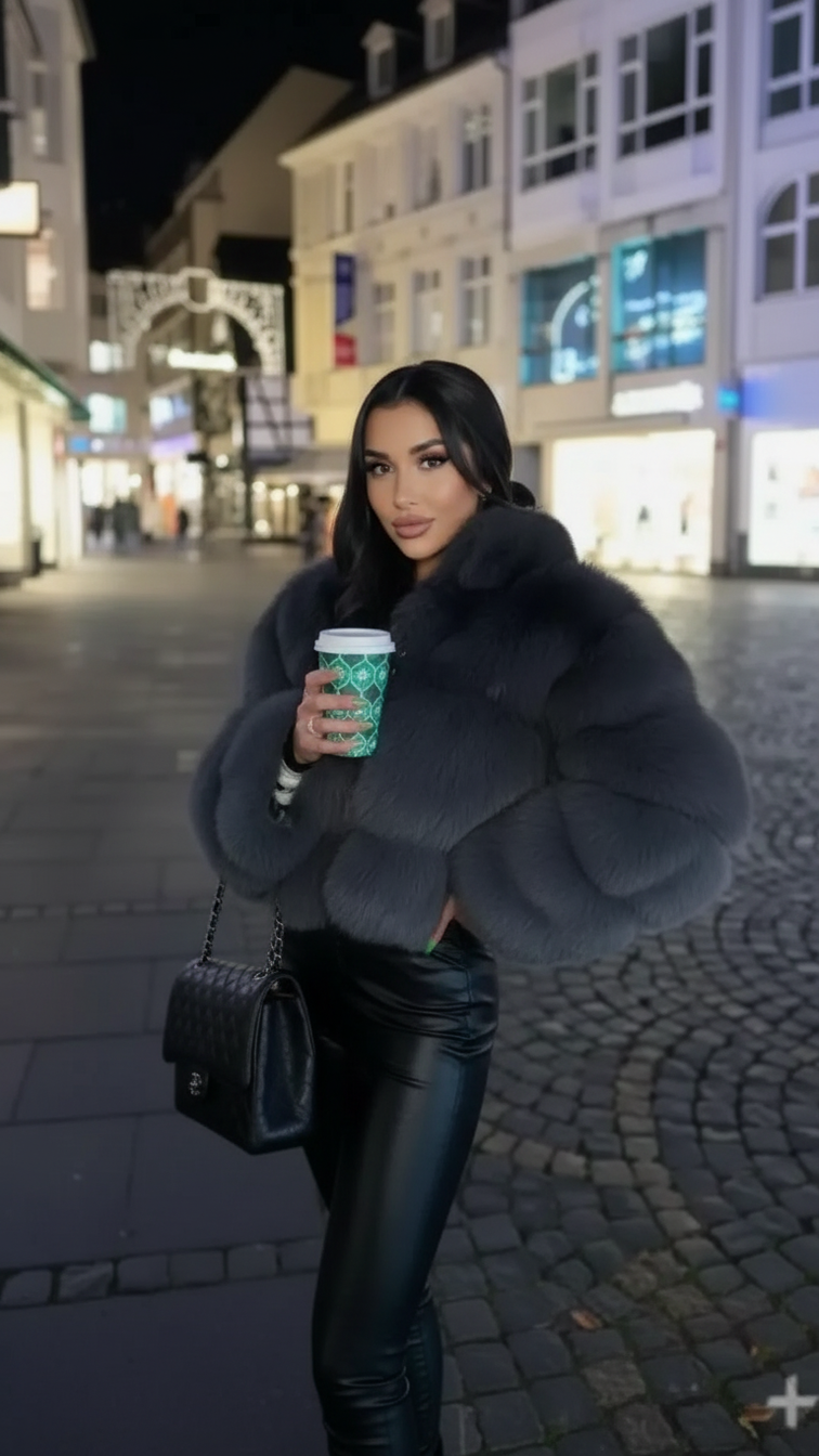 Faux fur women's short jacket with lapel and long sleeves, stylish clothing perfect for winter fashion.