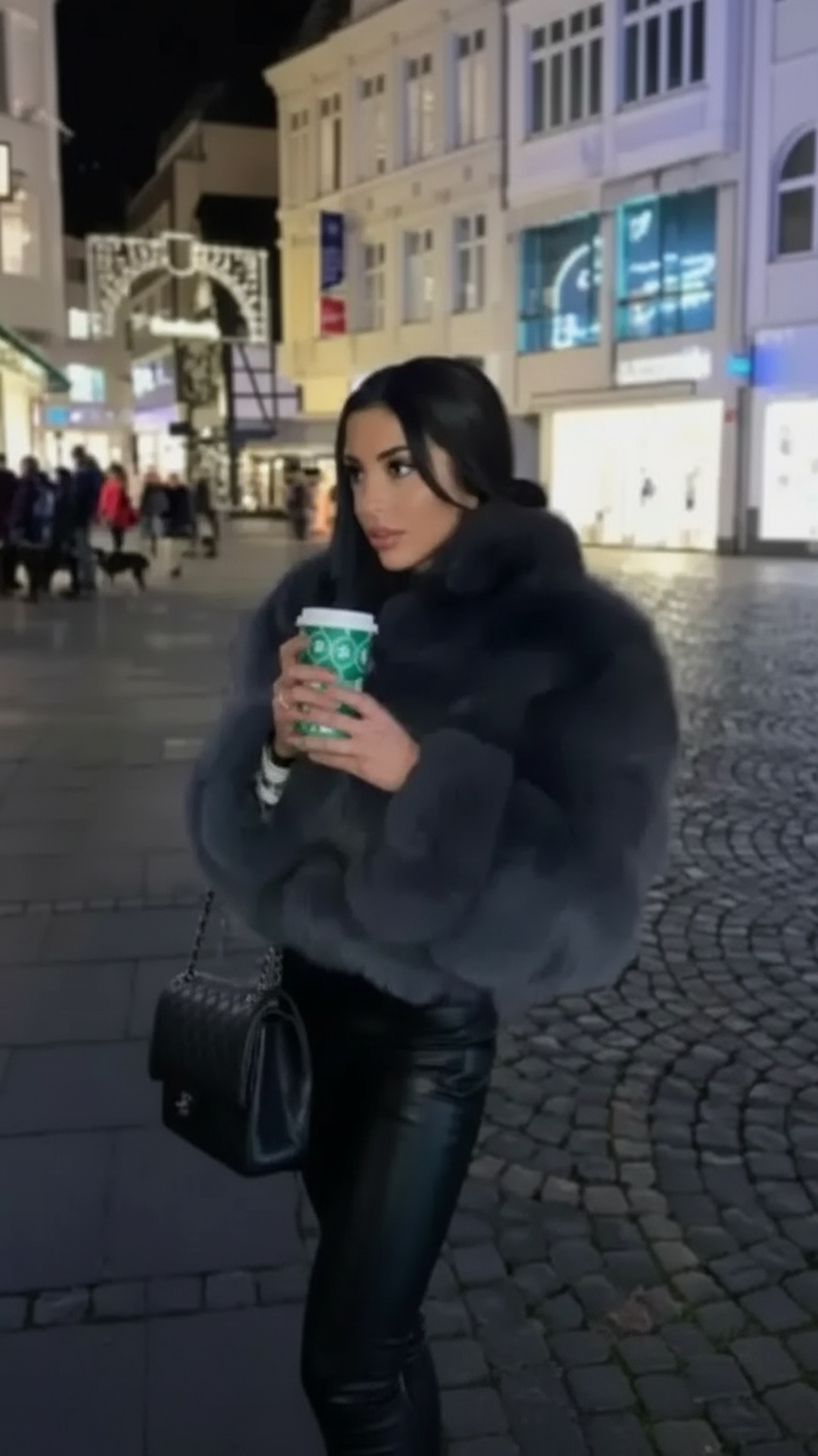 Faux fur women's short jacket with lapel and long sleeves, stylish and cozy outerwear for cold weather.