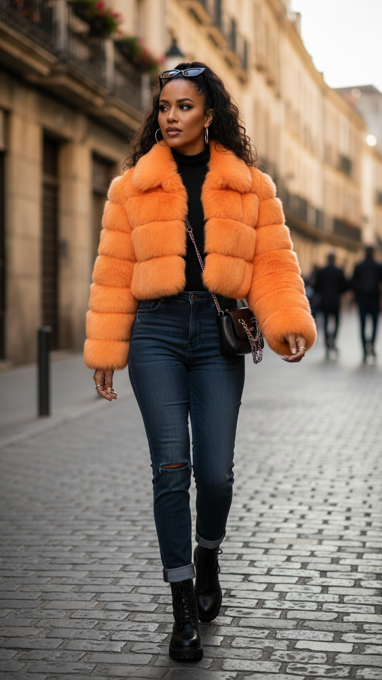 Faux fur women’s short jacket with lapel collar and long sleeves, stylish and warm clothing for cold weather.