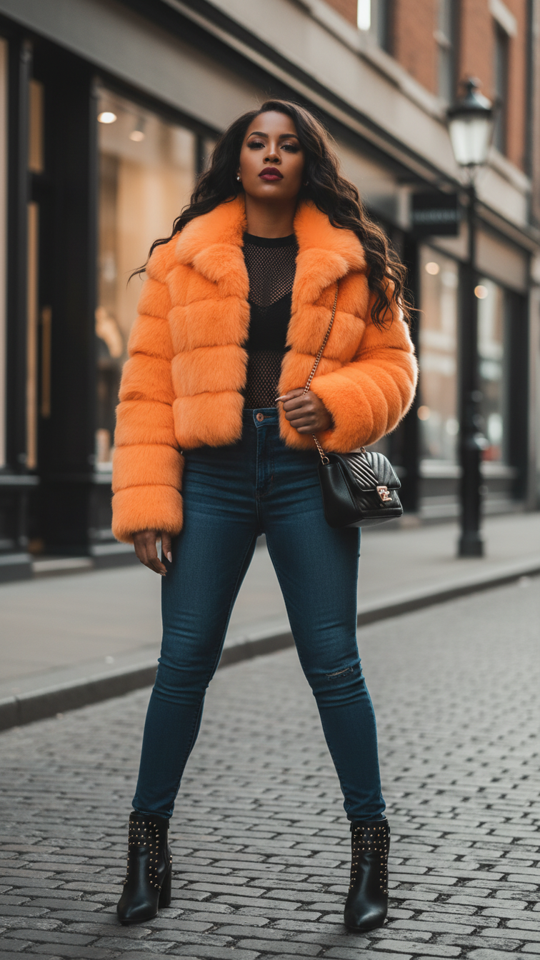 Faux fur women's short jacket with lapel and long sleeves, stylish and cozy outerwear for cold weather.