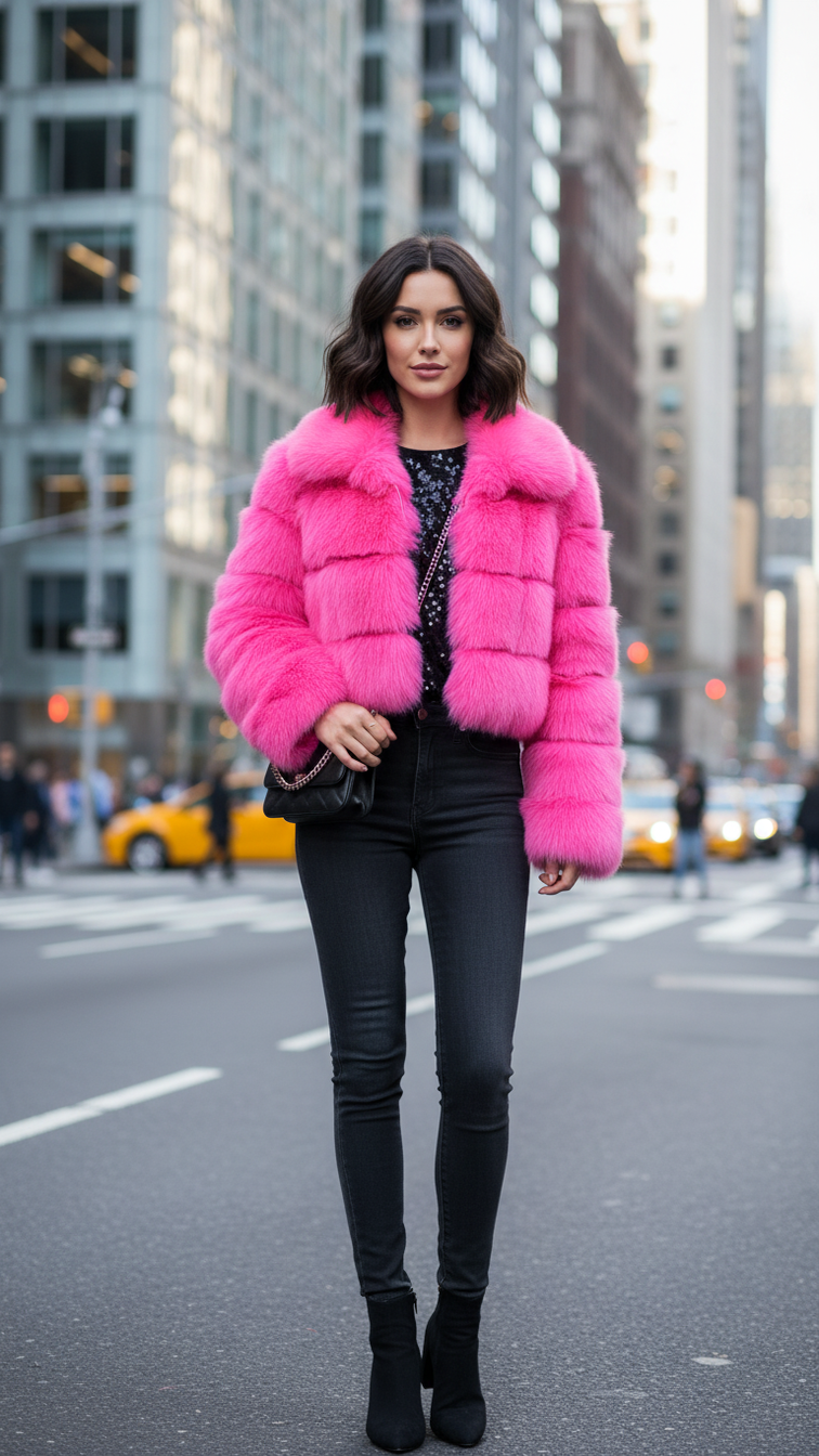 Faux fur women's short jacket with lapel and long sleeves, stylish outerwear perfect for cold weather.