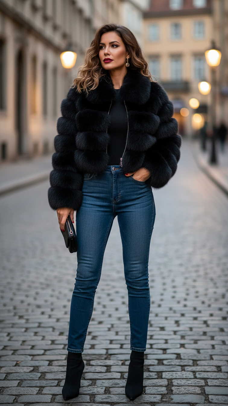Faux fur women's short jacket with lapel and long sleeves, stylish clothing for cold weather.