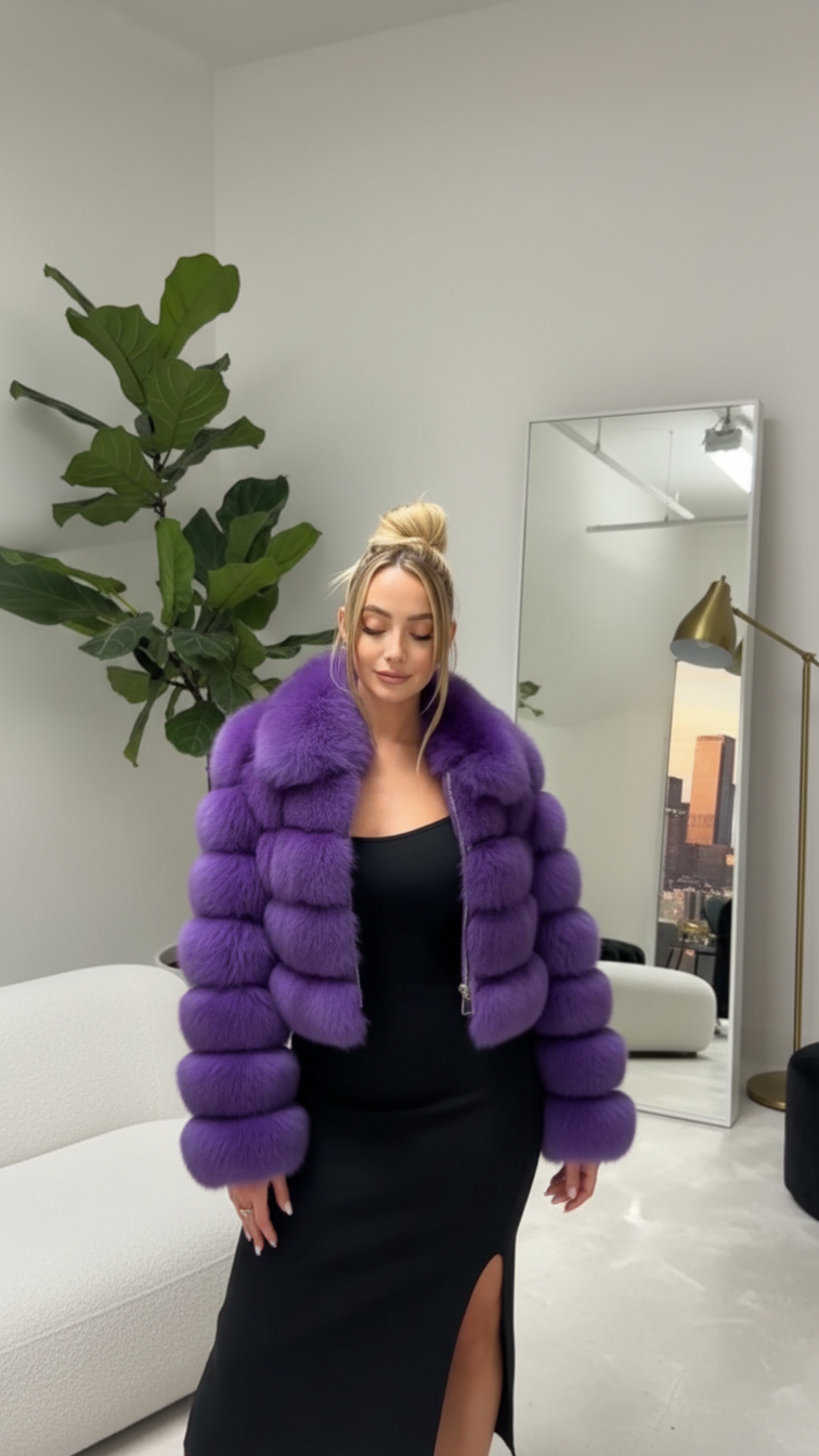 Faux fur women's short jacket with lapel and long sleeves, stylish and warm clothing for cold weather.