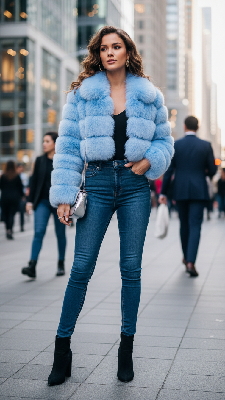 Faux fur women's short jacket with lapel collar and long sleeves, stylish and warm outerwear for cold weather.