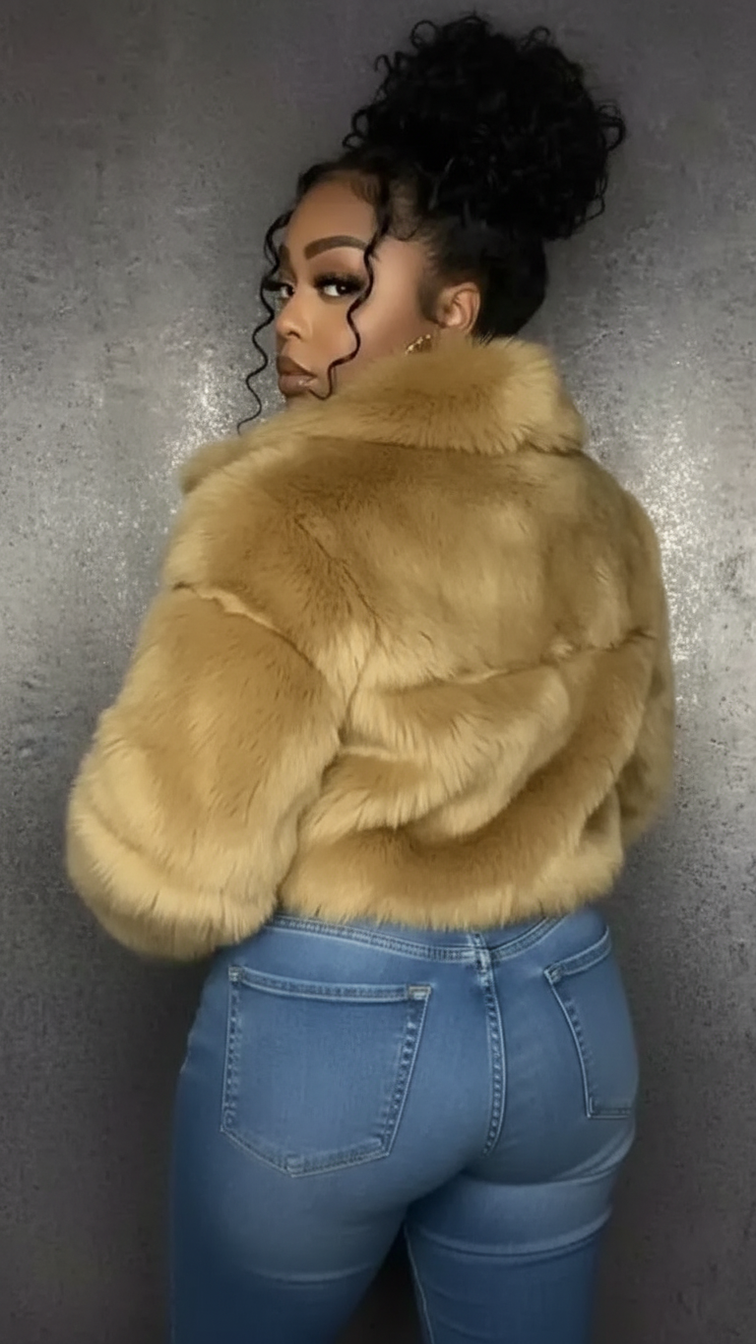 Faux fur women's short jacket with lapel and long sleeves, stylish and cozy outerwear for cold weather.