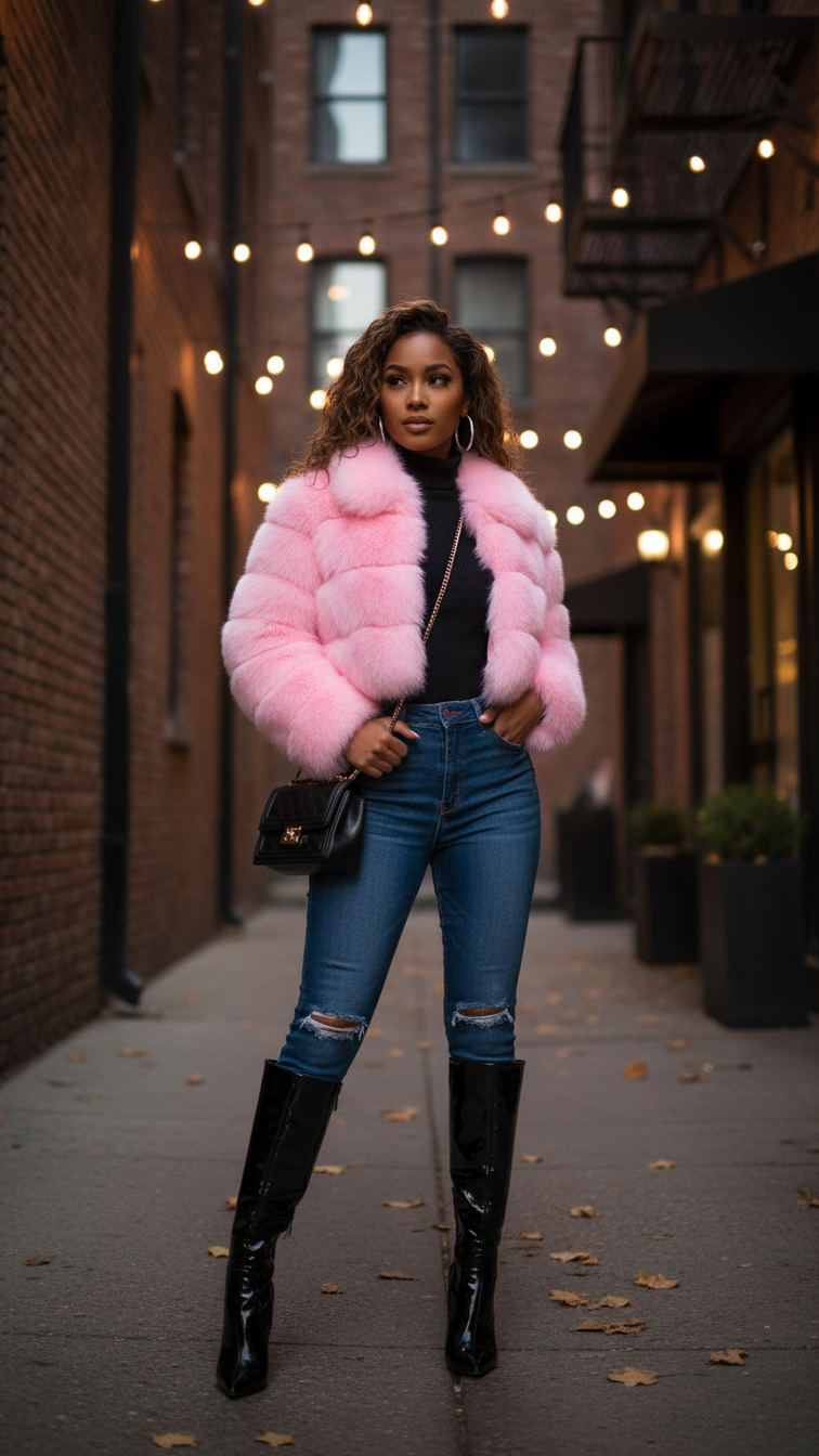 Faux fur women's short jacket with lapel and long sleeves, stylish and cozy outerwear for cold weather.