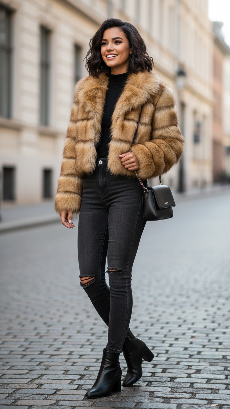 Faux fur women’s short jacket with lapel and long sleeves, stylish and warm clothing for cold weather.