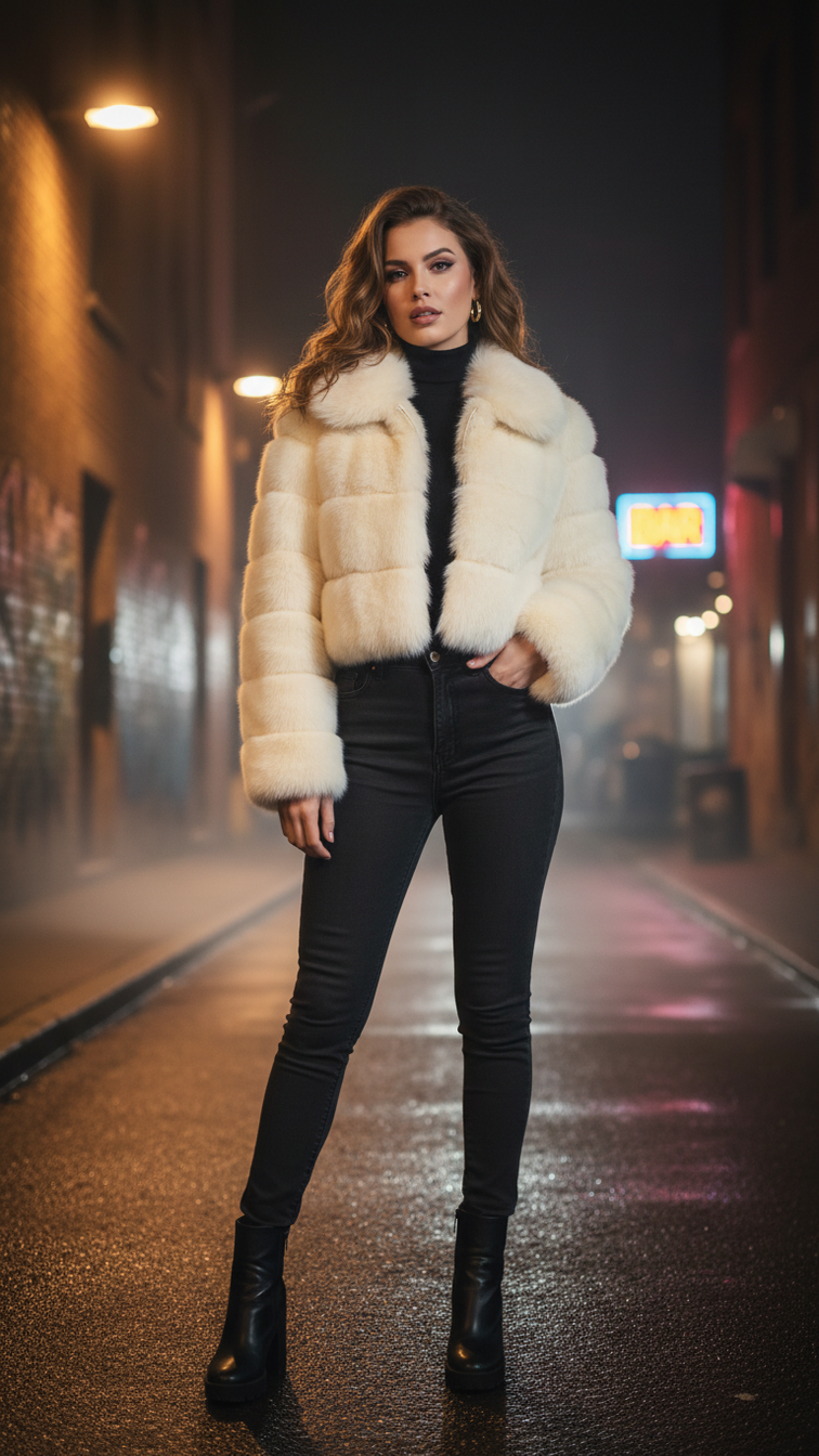 Faux fur women’s short jacket with lapel and long sleeves, stylish clothing perfect for cold weather.