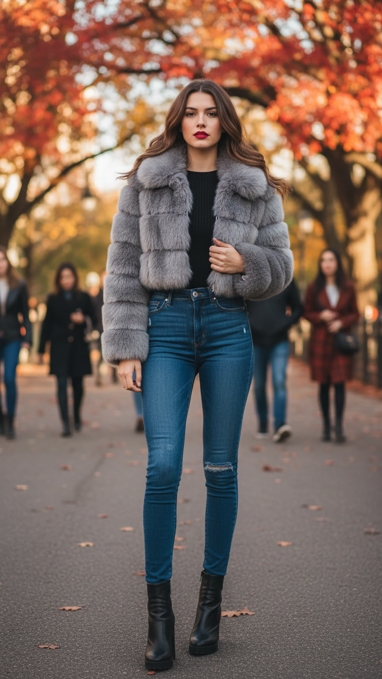 Faux fur women’s short jacket with lapel collar and long sleeves, stylish and warm outerwear for winter or cold weather.
