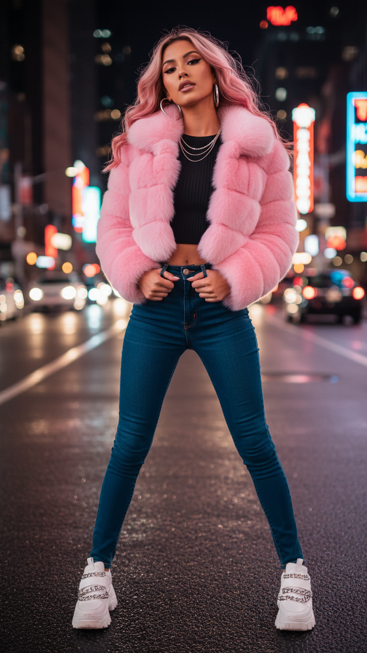 Faux fur women's short jacket with lapel and long sleeves, stylish clothing perfect for cold weather.