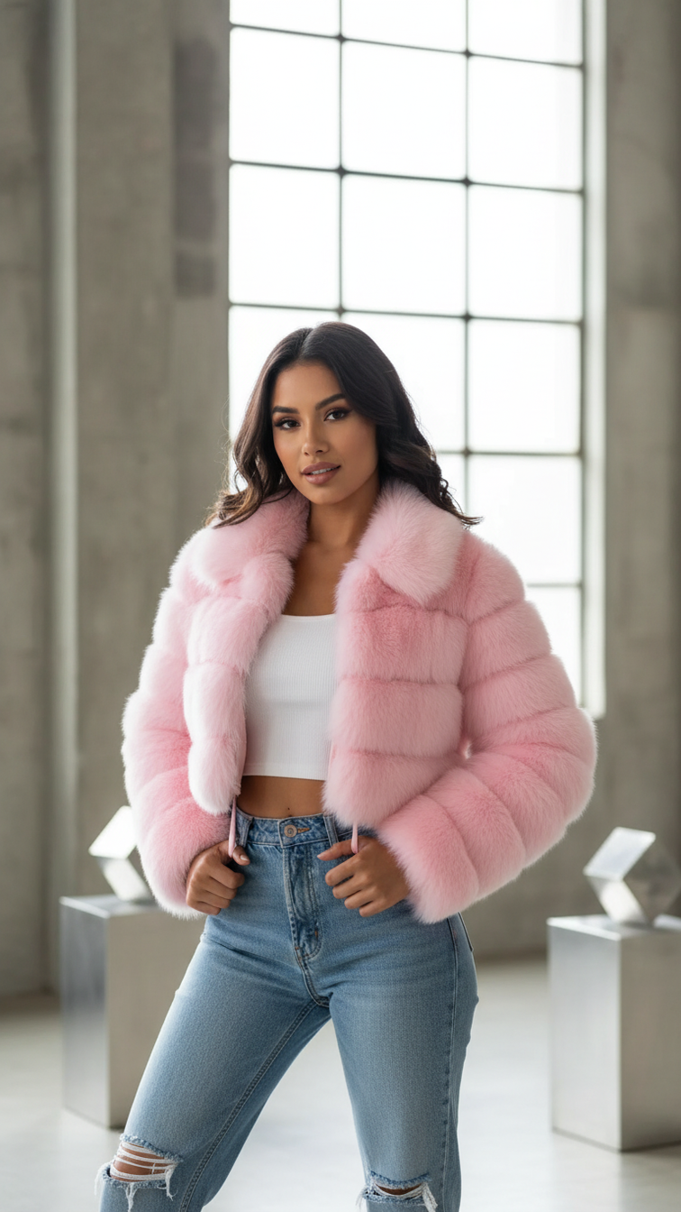 Faux fur women’s short jacket with lapel and long sleeves, stylish and cozy outerwear for cold weather.