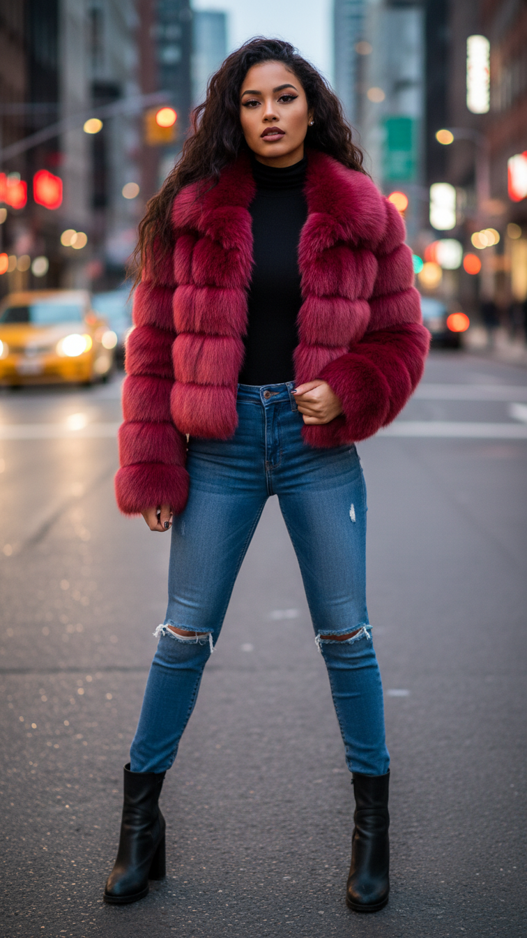 Faux fur women's short jacket with lapel and long sleeves, stylish and warm outerwear for cold weather.