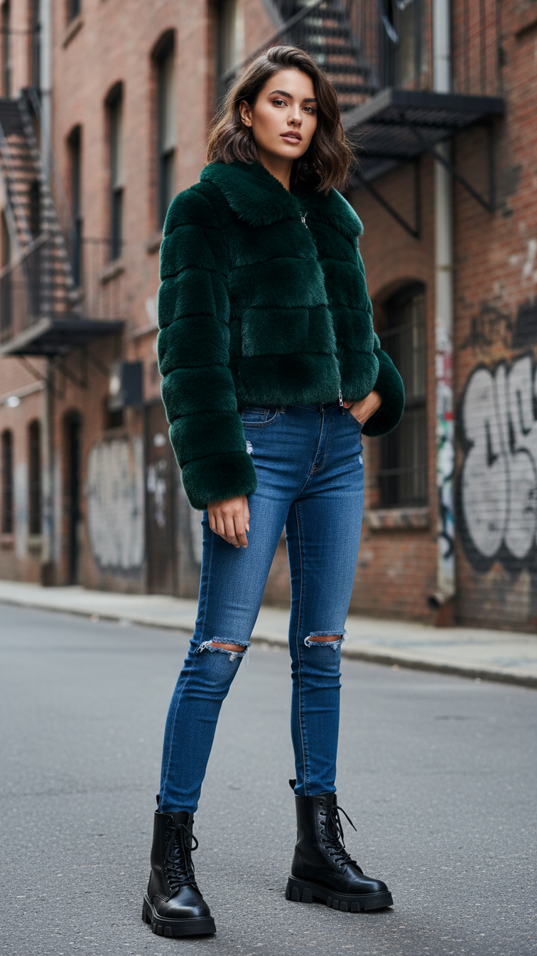 Faux fur women's short jacket with lapel and long sleeves, stylish outerwear perfect for cold weather.