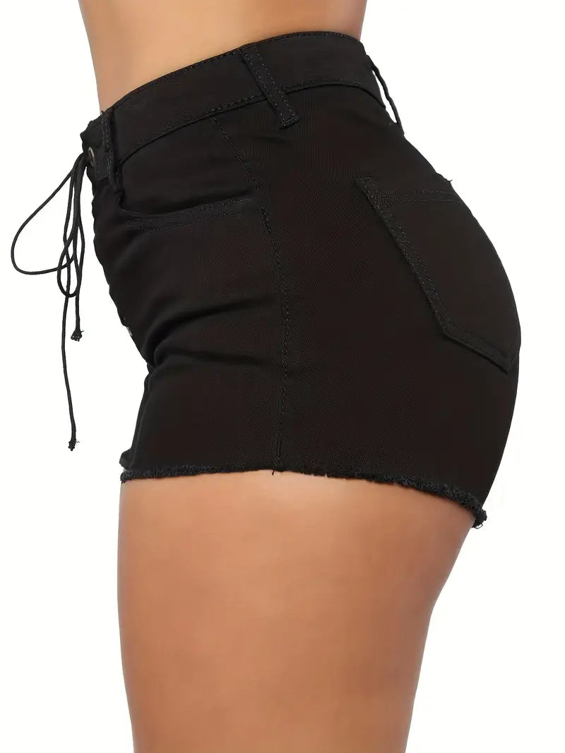 Black Raw Hem High Waist Denim Shorts with Pockets