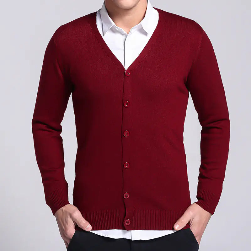Men V Neck Solid Color Knit Cardigan Sweater - urban Haloo