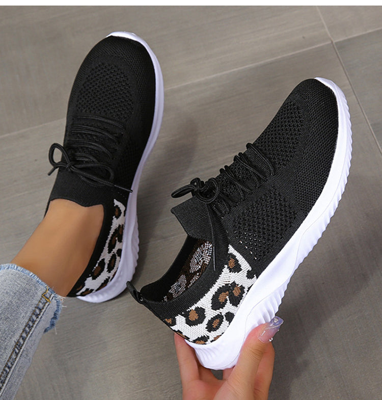 White Shoes Women Leopard Print Lace-up Sneakers Sports Urban Haloo