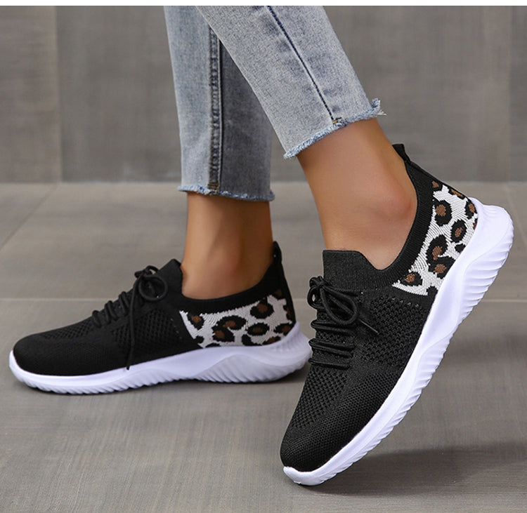 White Shoes Women Leopard Print Lace-up Sneakers Sports Urban Haloo