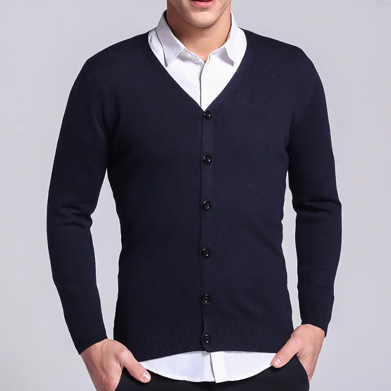 Men V Neck Solid Color Knit Cardigan Sweater - urban Haloo