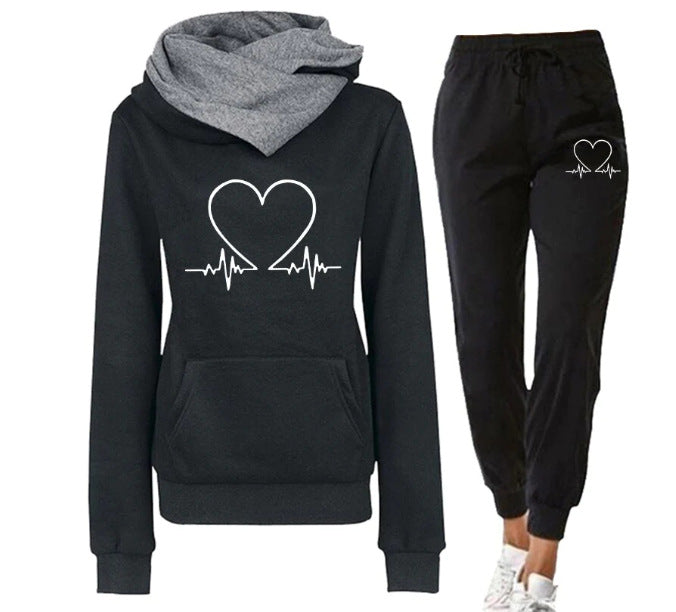 Love Heart Printed Sports Suit Hooded Sweatshirt Top And Drawstring Pants Fashion Casual Clothing For Women Urban Haloo