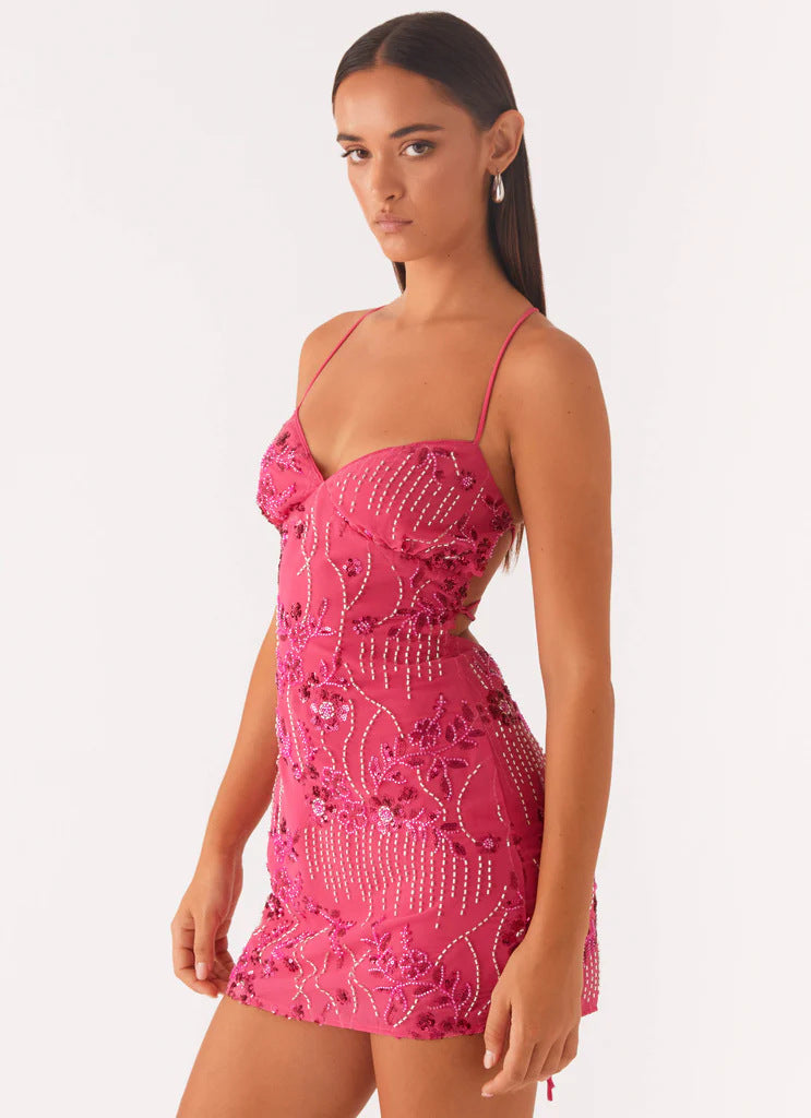 Sequined Embroidered Backless Sling Dress - urban Haloo